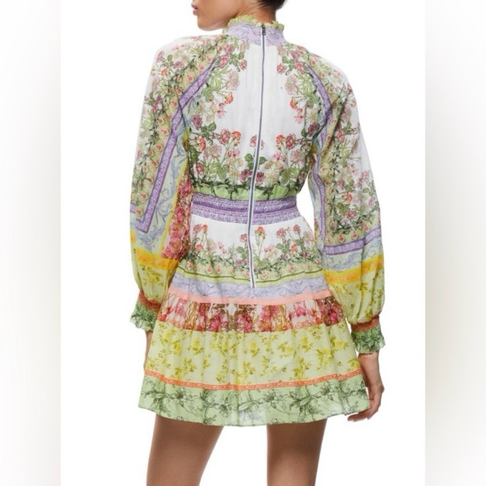 Alice + Olivia Pastel Floral Tiered Mini Dress in Green, Yellow, Purple - Picture 4 of 6